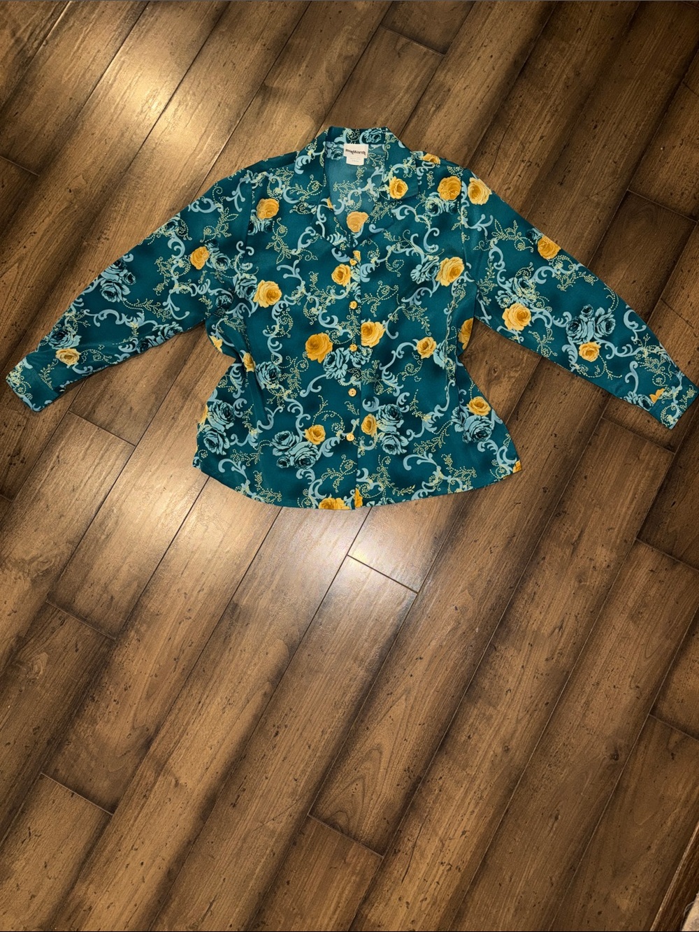 🩵🦚WOMEN’S GREEN AND BLUE FLORAL PRINT BUTTON DOWN LONG SLEEVE BLOUSE🦚🩵